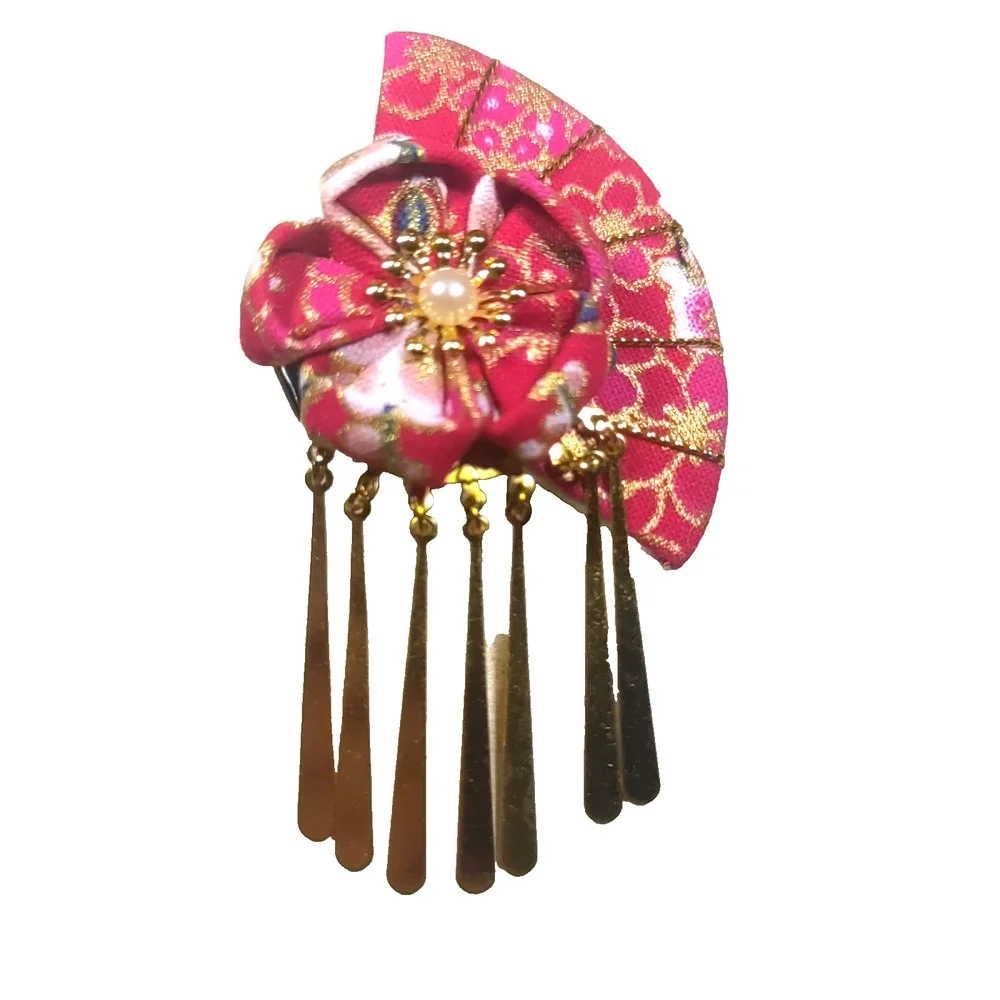 Asian Style Hair Barrette Clip Red Gold Tone Dangles Flower. Faux Pearl